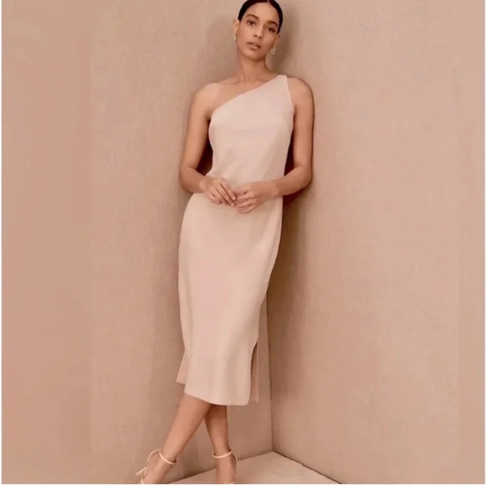 Anthropologie | BHLDN Blush One Shoulder Satin Dress with Side Slits US14